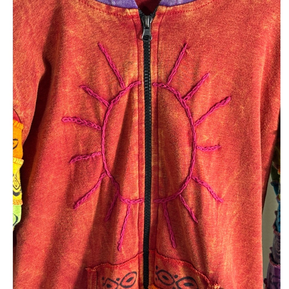 GreaterGood Nepal Rainbow Patchwork Sun Embroidery Zip Up Hoodie S/M Boho Hippie - Picture 2 of 7